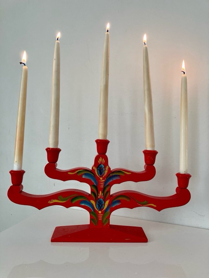 Röd jul ljusstake, 5 armar, kurbits, folklore, advent, handmålad, hantverk,