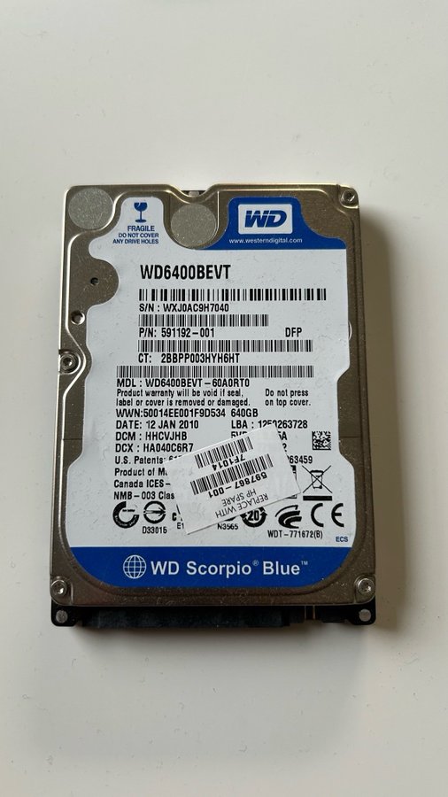 WD Scorpio Blue 2,5 tum SATA 640 GB