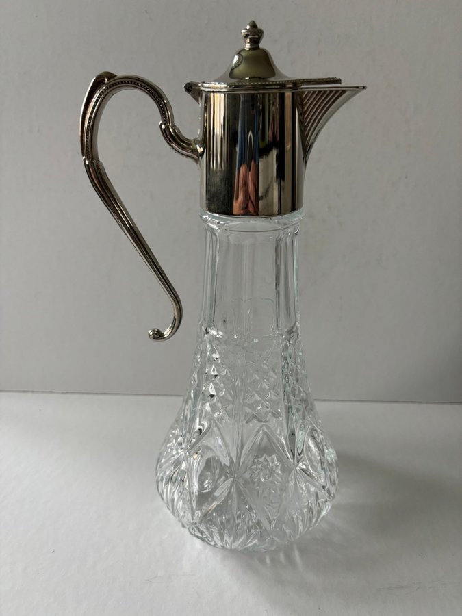 Vintage E. H CINC kanna, engelsk silverpläterad vinkanna spritkaraff i pressglas