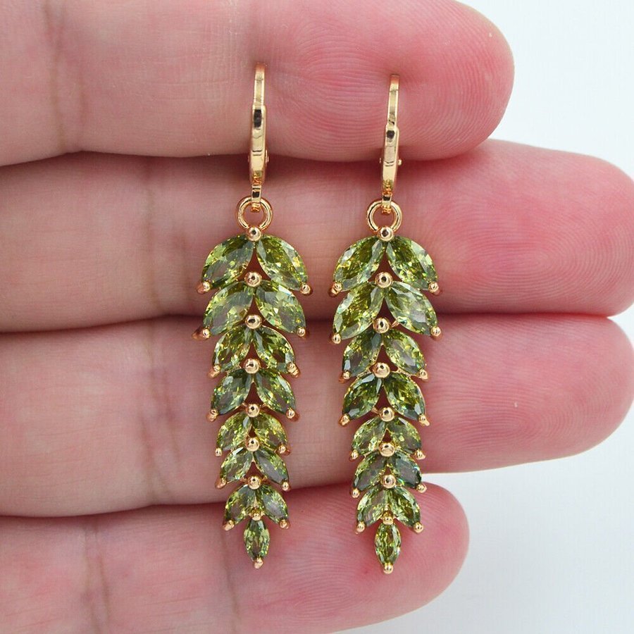 18K Yellow Guldfylld Green Topaz Leaf Dangle Engagement Earrings Örhängen