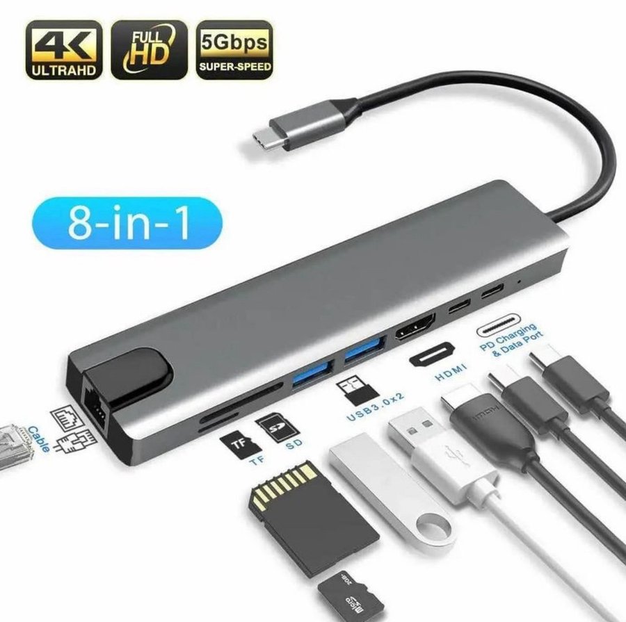 8-i-1 USB-C Hub med HDMI, PD, SD, TF, RJ45