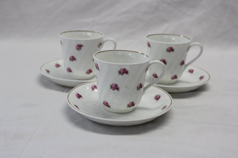 3 Guldkant Kaffekopp Kaffekoppar m Fat Gustavsberg m Rosor Modell 2497