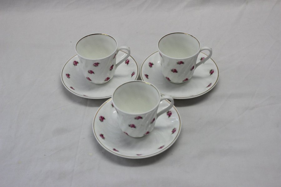 3 Guldkant Kaffekopp Kaffekoppar m Fat Gustavsberg m Rosor Modell 2497