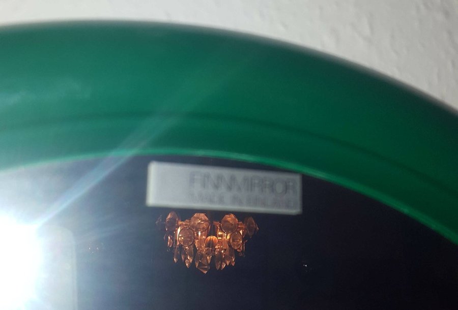 RETRO / VINTAGE: Rare "FINNMIRROR" / Rund Spegel ram i grön plast fr 60-talet