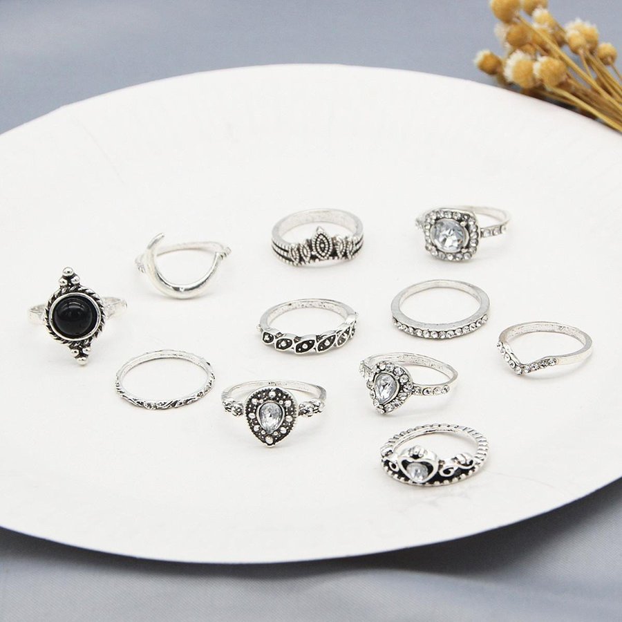 11-pack Boho Antik Silver Ringar -Svarta Pärlor  Vit Rhinestone Silver