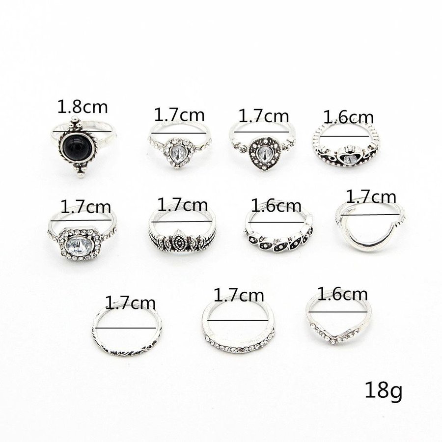 11-pack Boho Antik Silver Ringar -Svarta Pärlor  Vit Rhinestone Silver