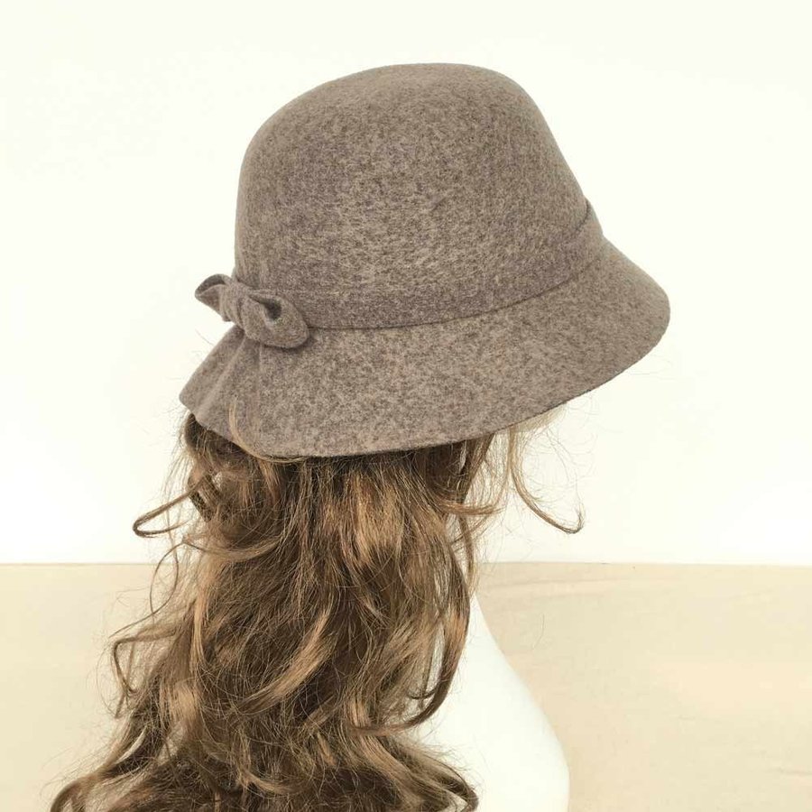 Women's Khaki Wool Blend Hat with Bow, Winter Hat. Foldable Wool Hat