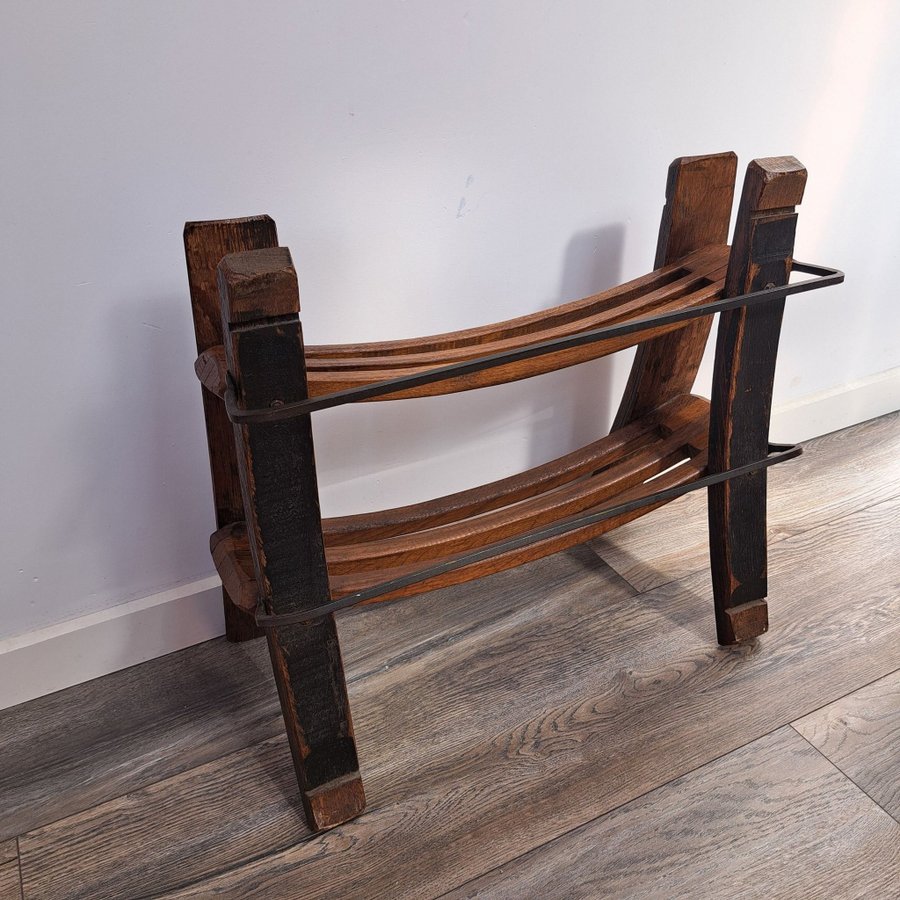 Vintage French brutalist style metal and wooden winerack from the 70s