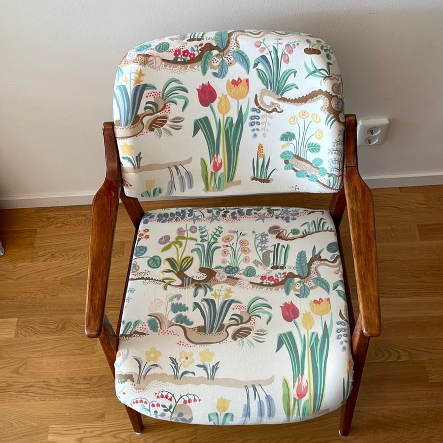 Vintage Teak  Mässing Karmstol 1900-tal Danmark Tyg Primavera Josef Frank