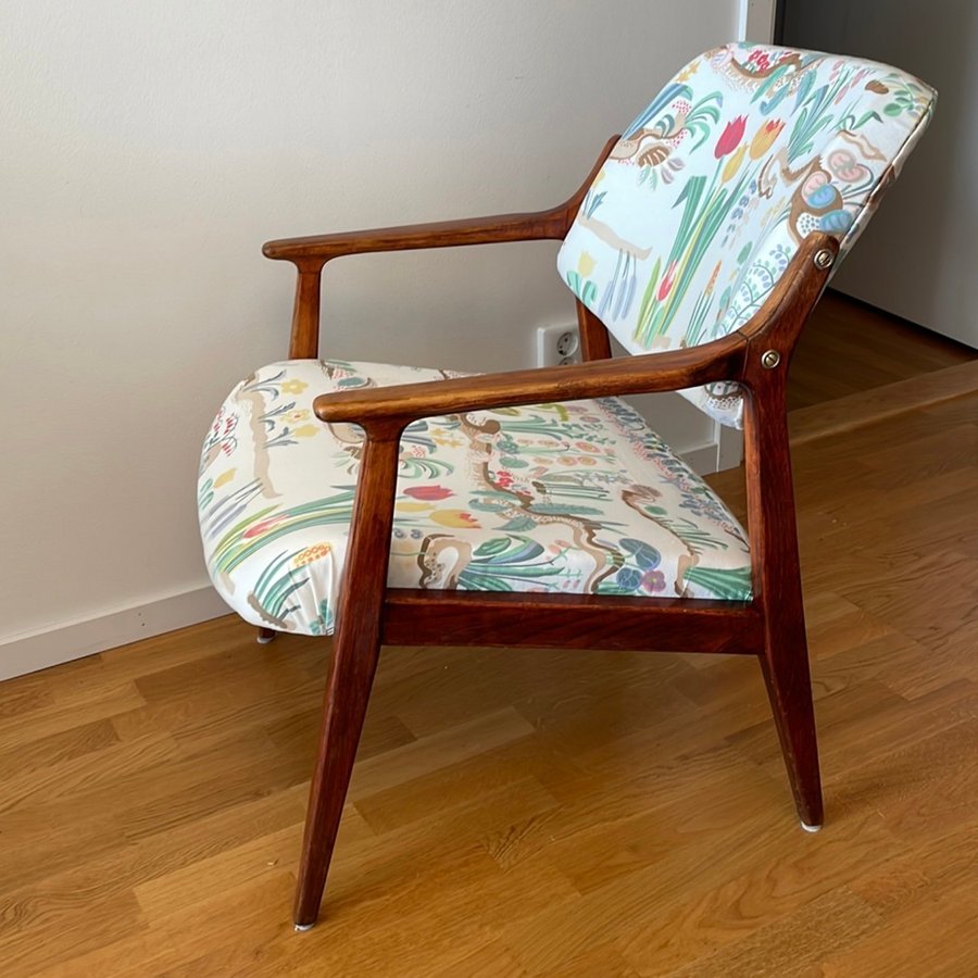 Vintage Teak  Mässing Karmstol 1900-tal Danmark Tyg Primavera Josef Frank