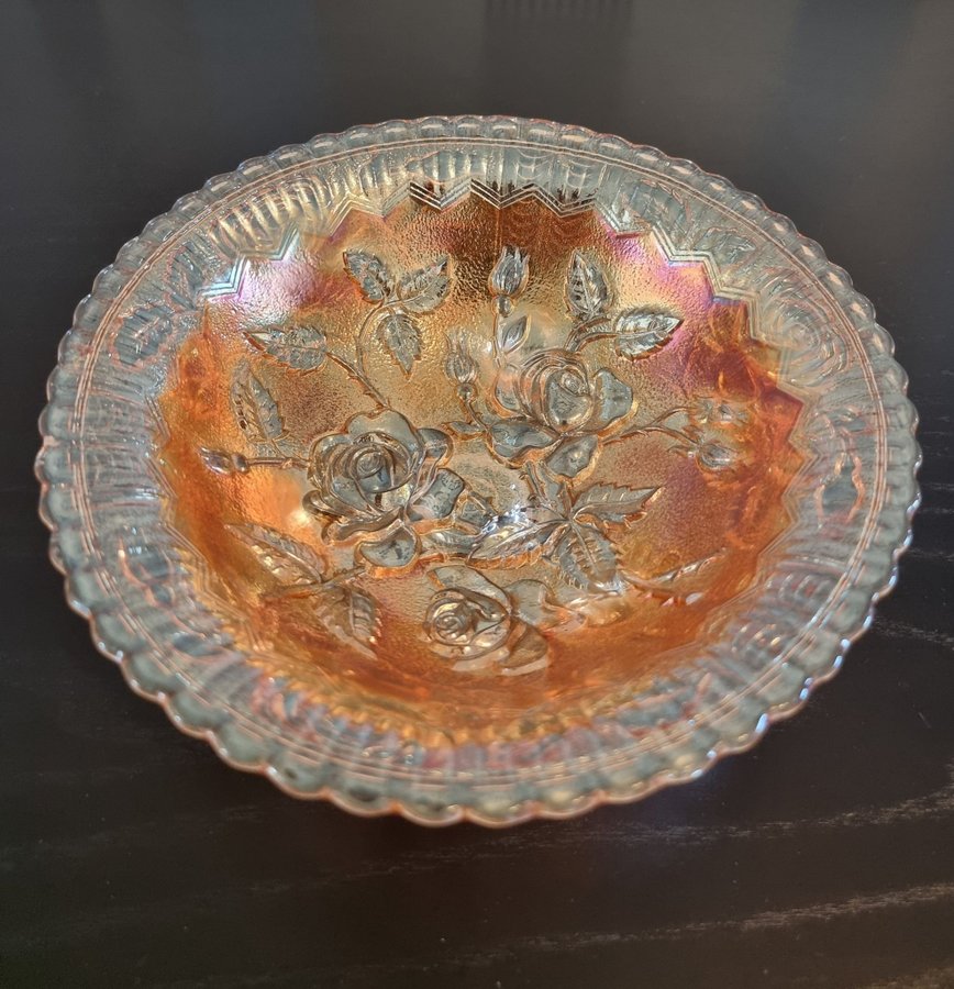 Trebent vintage glasskål OPEN ROSES, Northwood Imperial Carnival Glass