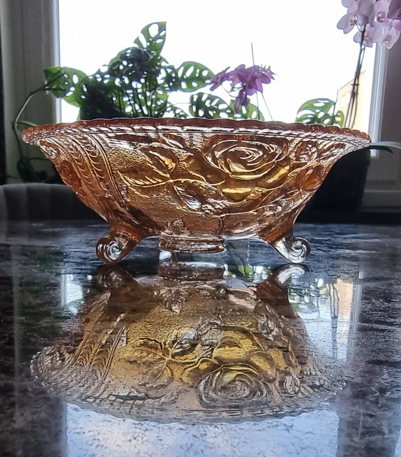 Trebent vintage glasskål OPEN ROSES, Northwood Imperial Carnival Glass