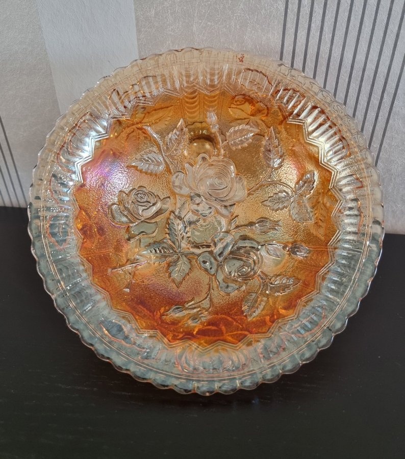 Trebent vintage glasskål OPEN ROSES, Northwood Imperial Carnival Glass