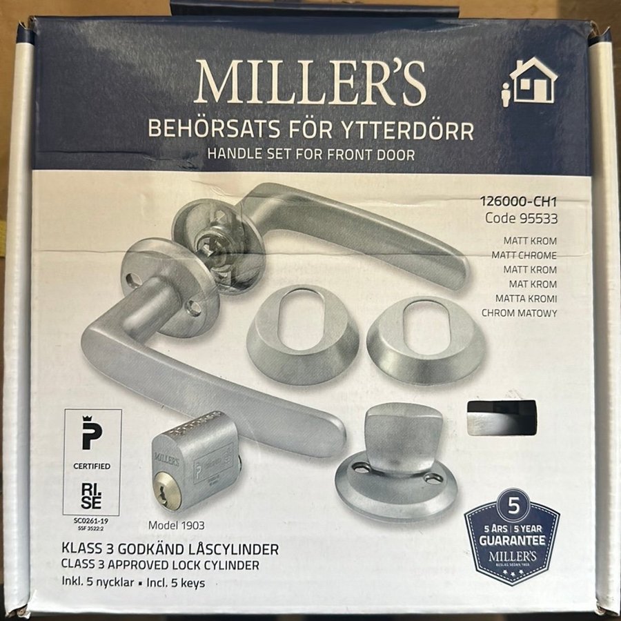 Millers Dörrhandtag  Cylinder/behör för Ytterdörr Matt Krom