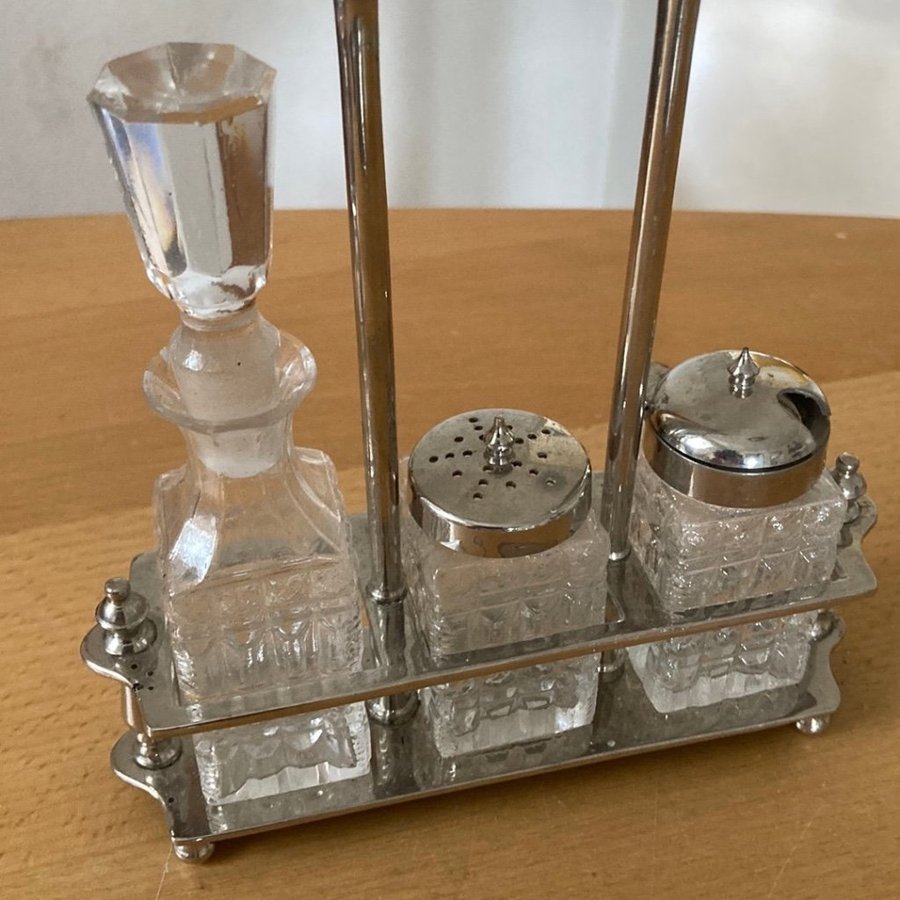 Äldre Salt peppar vinäger ställ Glas och metall Höjd: 15 cm 4 x 15 cm