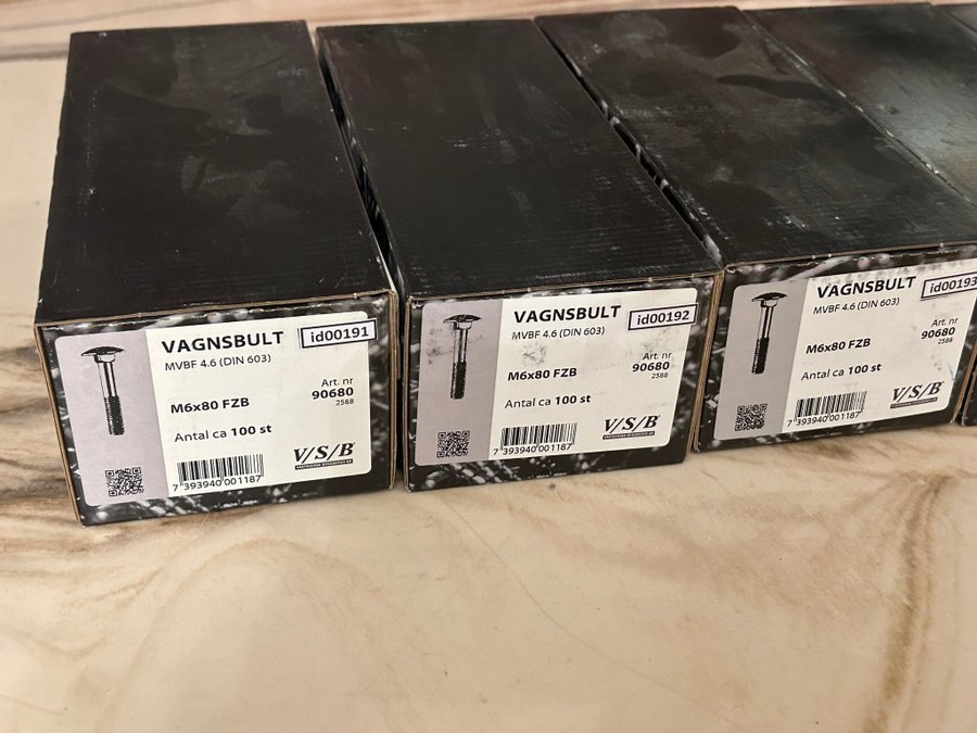 Vagnsbult (id00191-95) VSB M6x80 mm 5 paket EAN 7393940001187 Totalt 9,2 kg