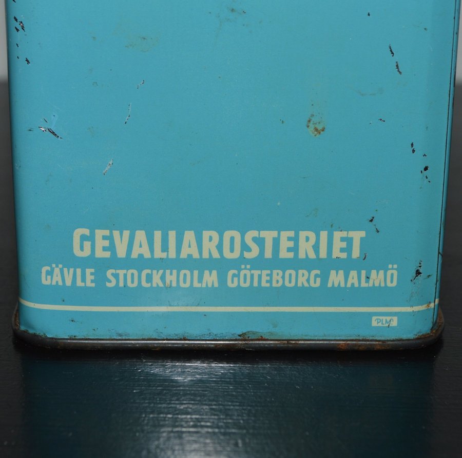 GAMMAL BLÅ PLÅTBURK / KAFFEBURK GEVALIAROSTERIET - GEVALIA GEFLE VINTAGE RETRO