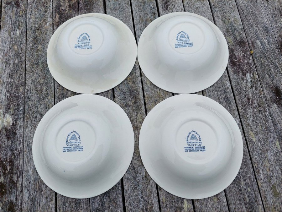 4 MINDRE TALLRIKAR CASTILLE BURLEIGH IRONSTONE BURSLEM ENGLAND