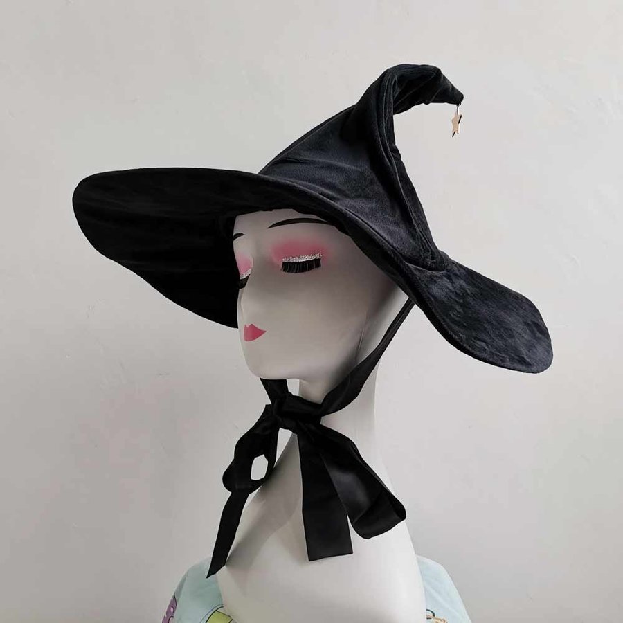 Black Velvet Witch Hat with Star, Wide Brim Halloween Costume Wizard hat