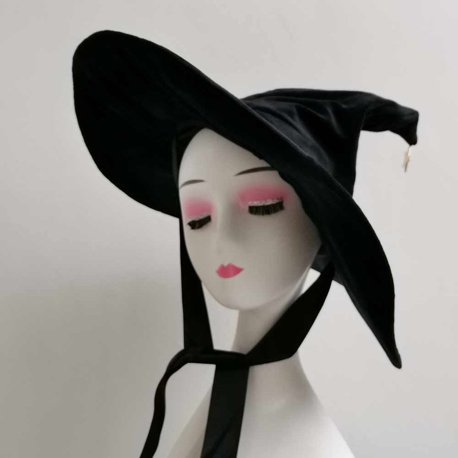 Black Velvet Witch Hat with Star, Wide Brim Halloween Costume Wizard hat