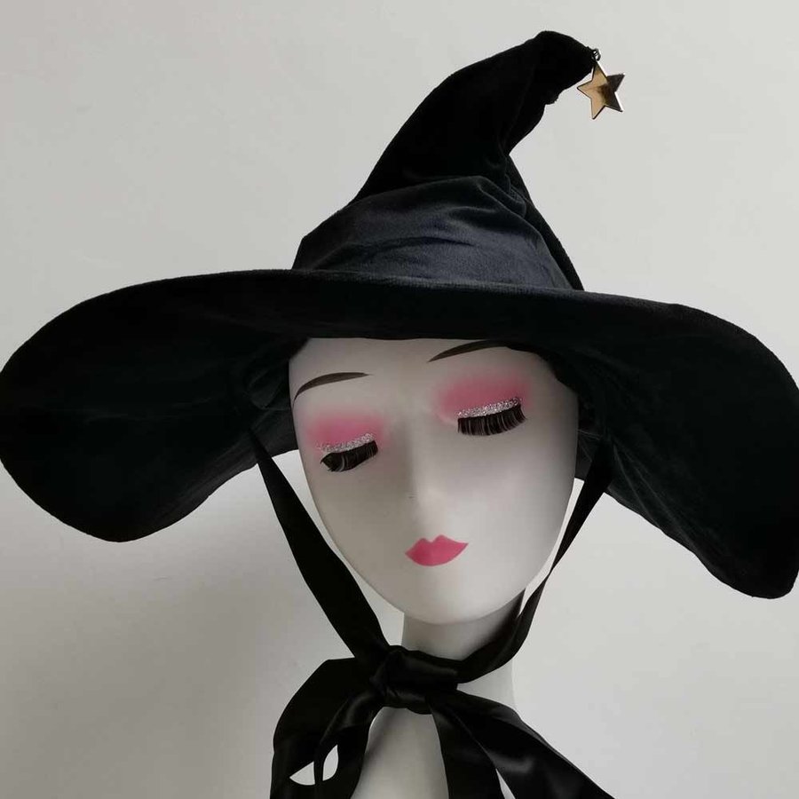 Black Velvet Witch Hat with Star, Wide Brim Halloween Costume Wizard hat