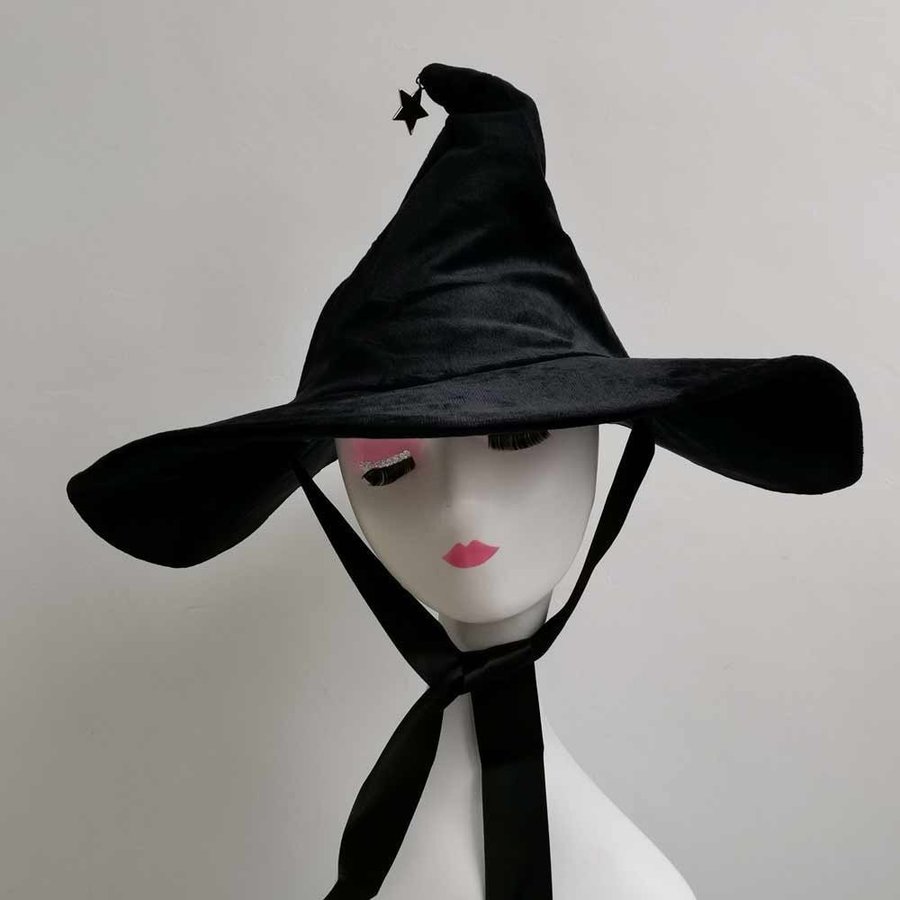 Black Velvet Witch Hat with Star, Wide Brim Halloween Costume Wizard hat