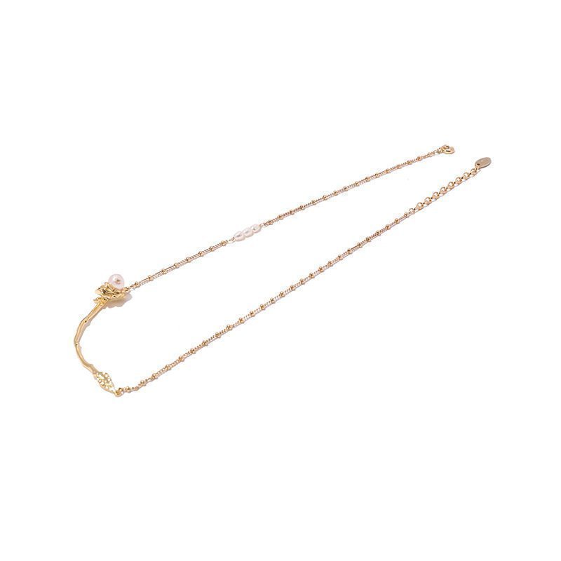 Pearls and Gold Leaf Accent Rose Necklace