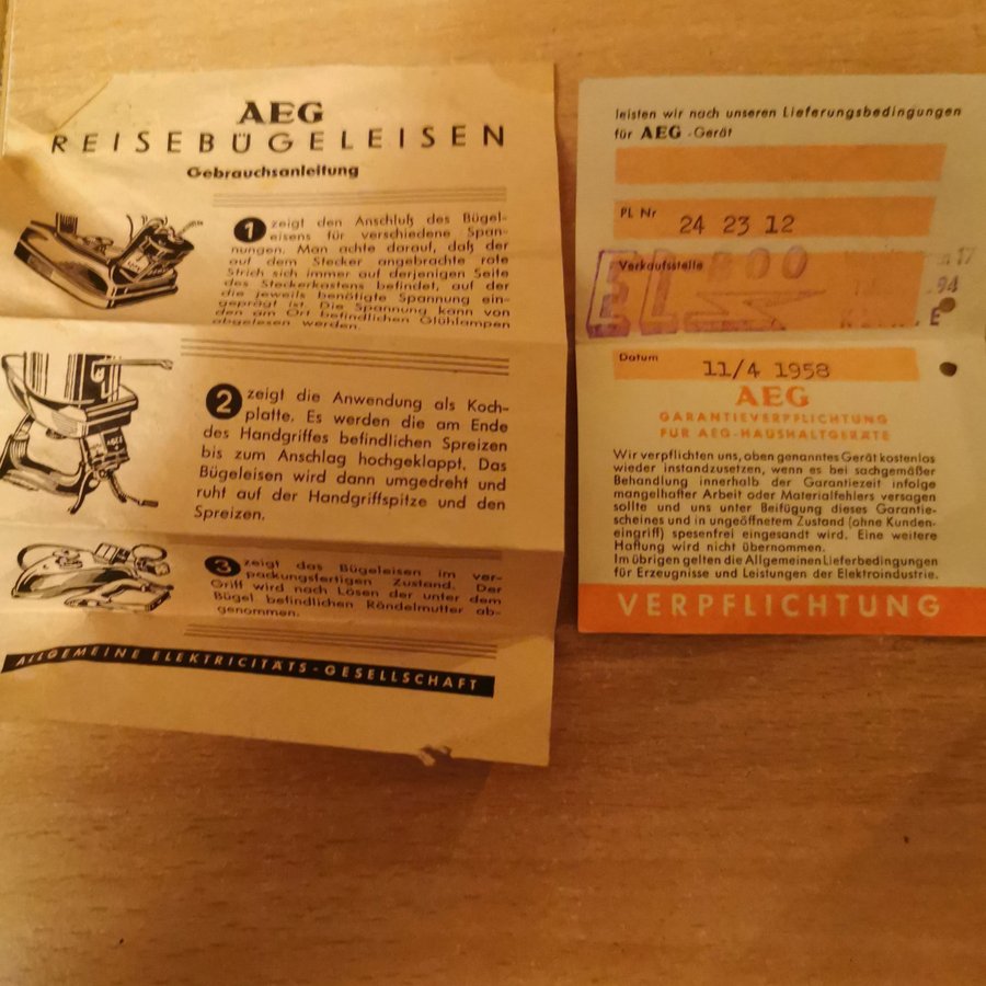 Antik AEG Resebügeleisen Resestrykjärn 1958