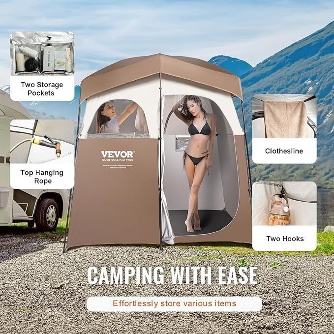 Camping Shower Tent, 210cm x 107cm x 210cm 2 Room Oversized Outdoor Portable