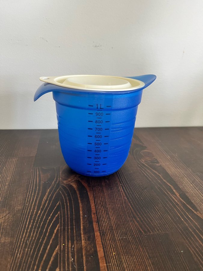 Tupperware combi plus 1L måttskål vispskål med lock blå/vit