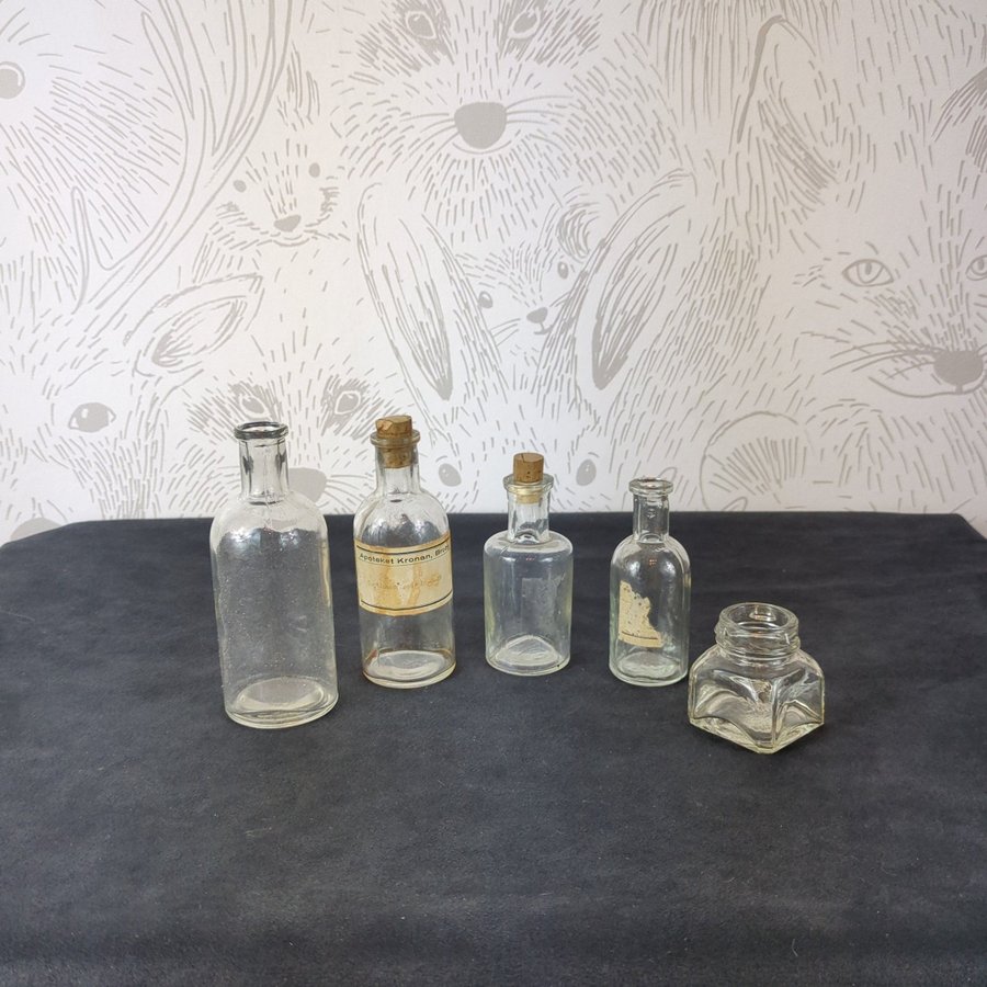 5 glasflaska, gammalt, antik, apotheket, medicinflaska,, vintage, retro