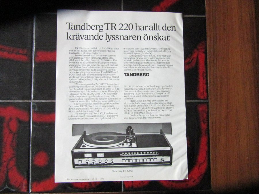 Tandberg TR220 1975 reklam annons