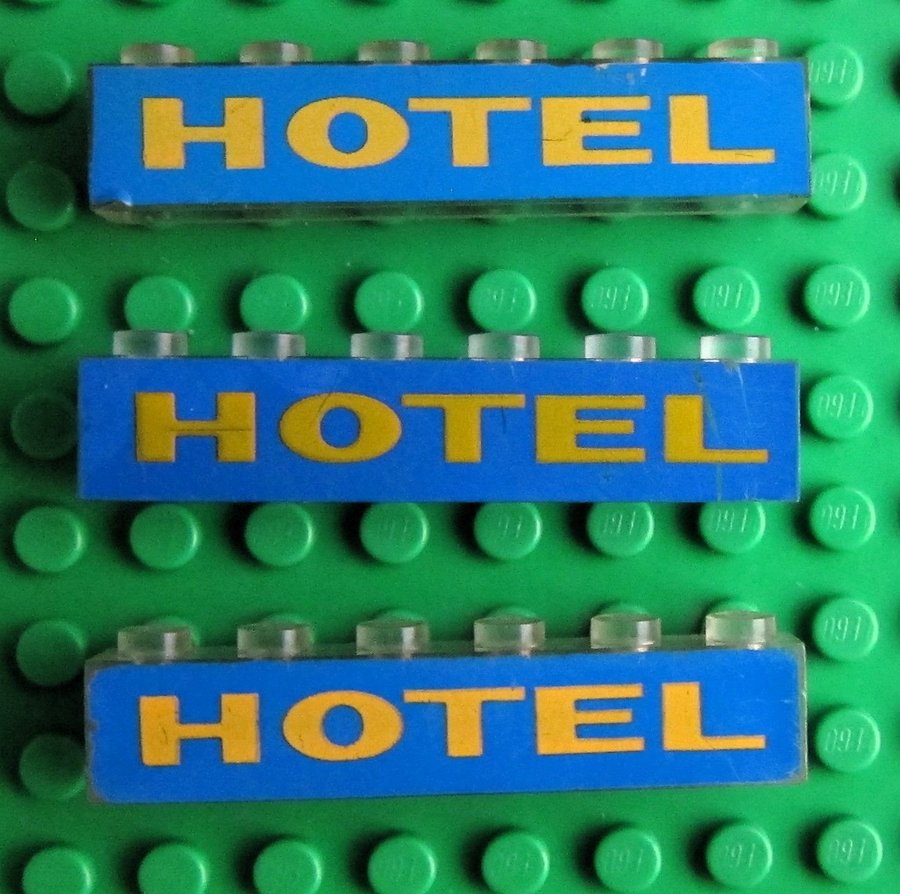 LEGO 3 st skylt 1 x 6 HOTEL Blå Trans-Clear äldre 1969 3067pb10