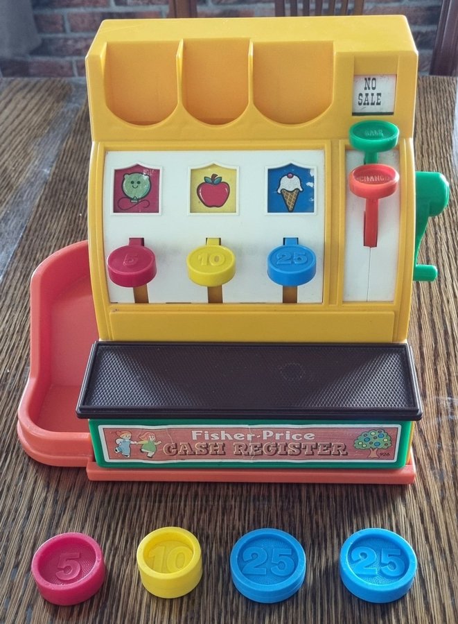 FISHER PRICE RETRO KASSA APPARAT MED 4 MYNT