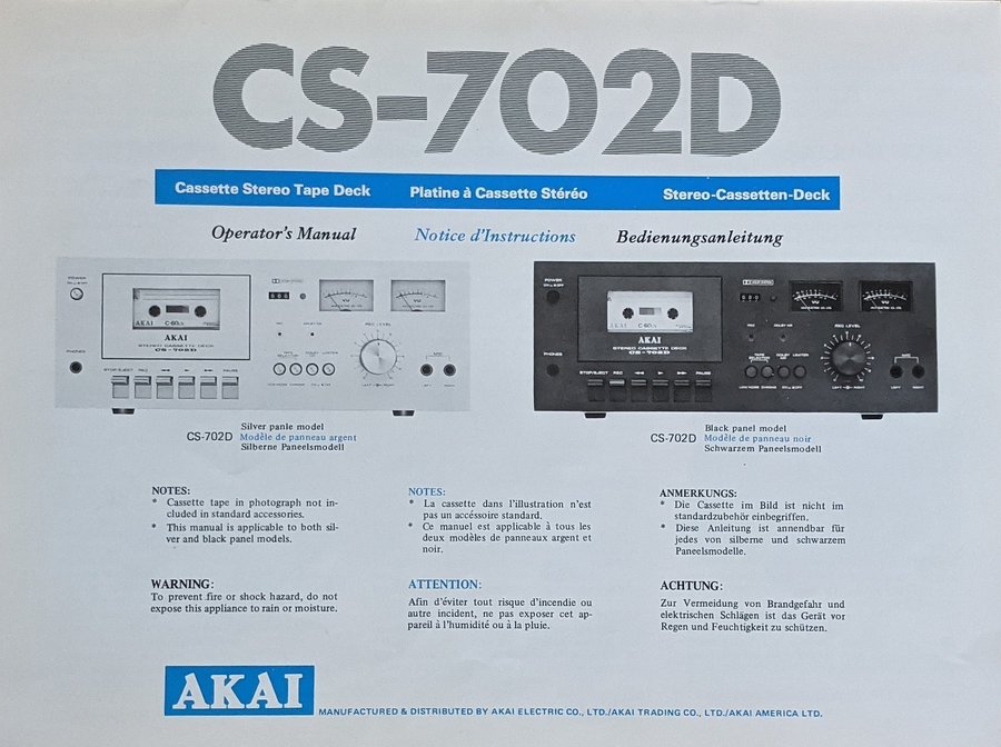 Akai CS-702D Manual / instruktionsbok till Kassettbandspelare