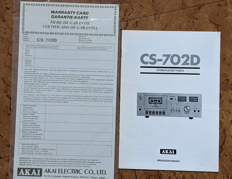 Akai CS-702D Manual / instruktionsbok till Kassettbandspelare