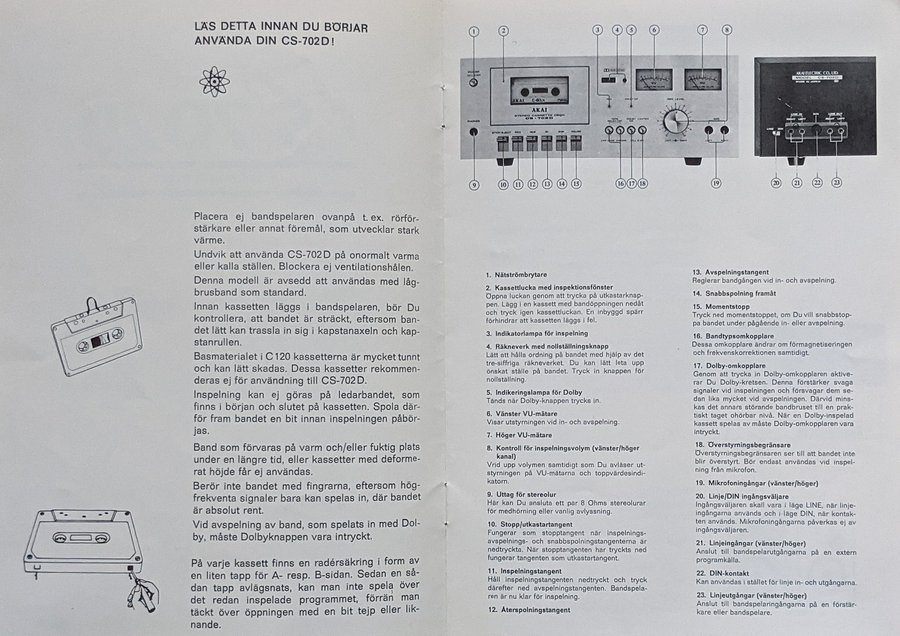 Akai CS-702D Manual / instruktionsbok till Kassettbandspelare