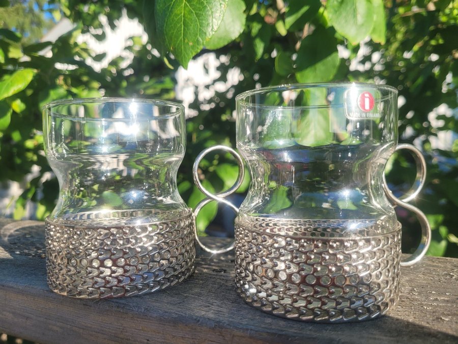 2 Vintage glas med hållare / Littala / Timo Sarpaneva / Tsaikka / glögg glas