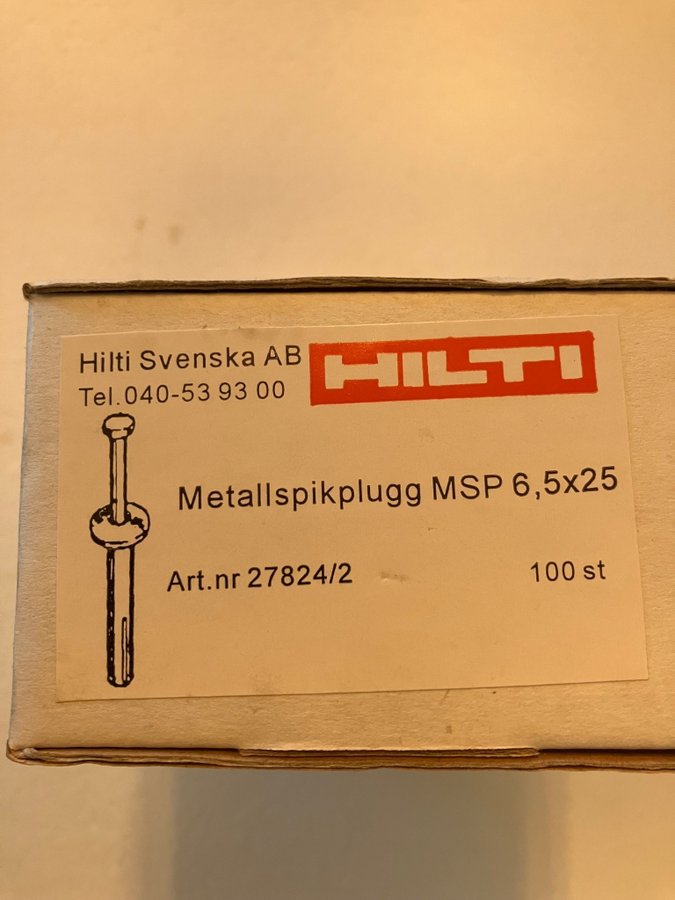 Hilti Metallspikplugg 100 st MSP 65x25 Nytt!