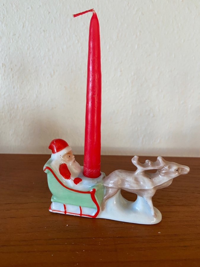 Ljusstake med tomte, ren och släde, retro