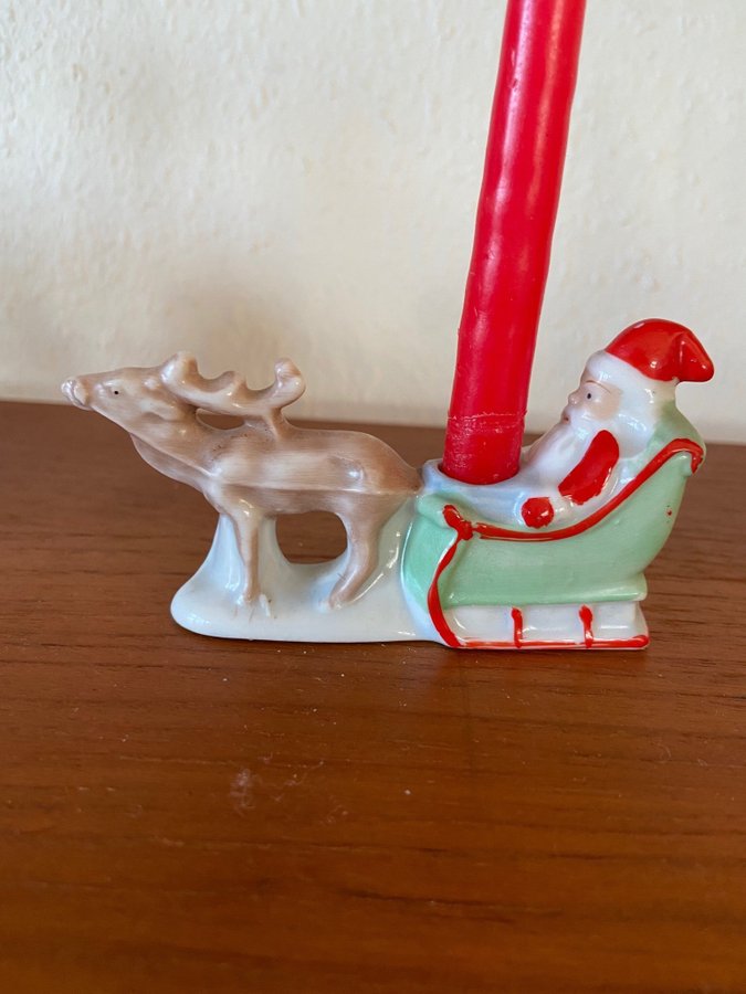 Ljusstake med tomte, ren och släde, retro