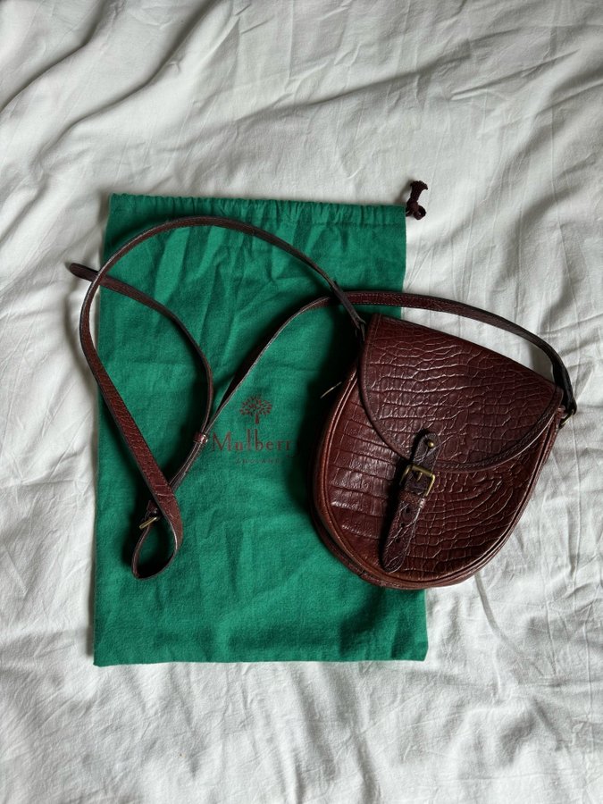 VINTAGE MULBERRY brun krokopräglad skinnväska läderväska kroko skinn läder väska