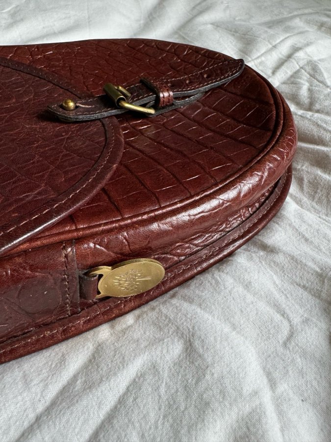 VINTAGE MULBERRY brun krokopräglad skinnväska läderväska kroko skinn läder väska