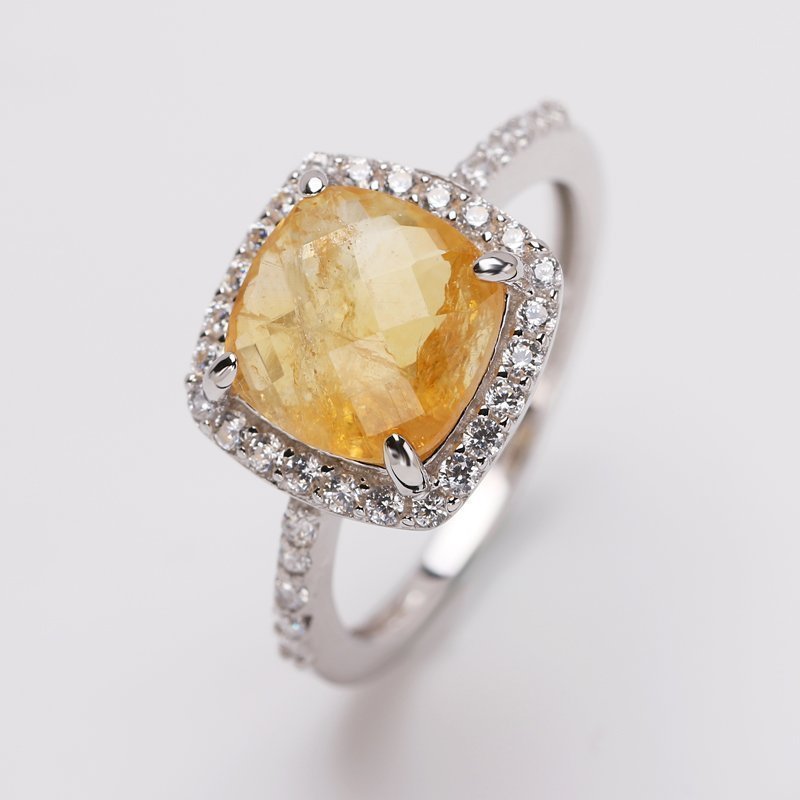 Ring i äkta silver med Citrin Citrine och vit CZ, stl 17,5, Ädelsten. 925 Silver