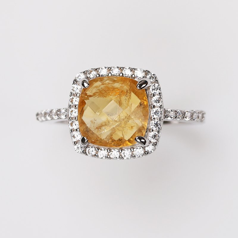 Ring i äkta silver med Citrin Citrine och vit CZ, stl 17,5, Ädelsten. 925 Silver