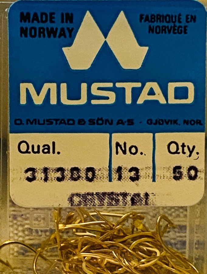 MUSTAD CRYSTAL guldplaterade fiskekrokar nr13. Qual 31380. Till flugbindning?