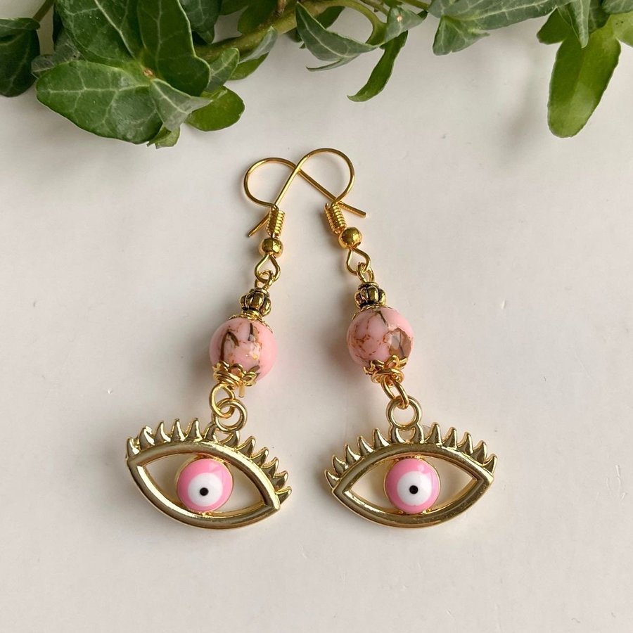 Örhängen Rosa stenpärlor med snäckskal Nazar Evil Eye Öga Lyckosymbol Handgjort