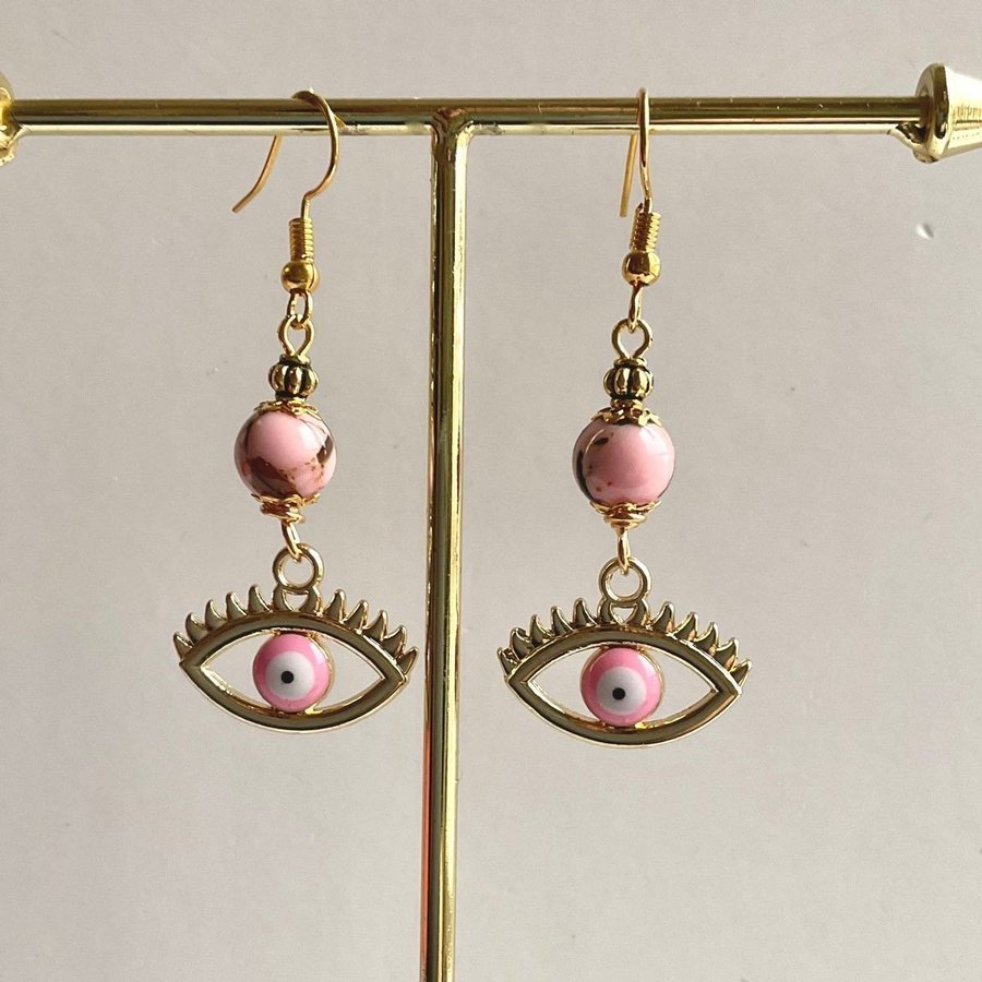 Örhängen Rosa stenpärlor med snäckskal Nazar Evil Eye Öga Lyckosymbol Handgjort