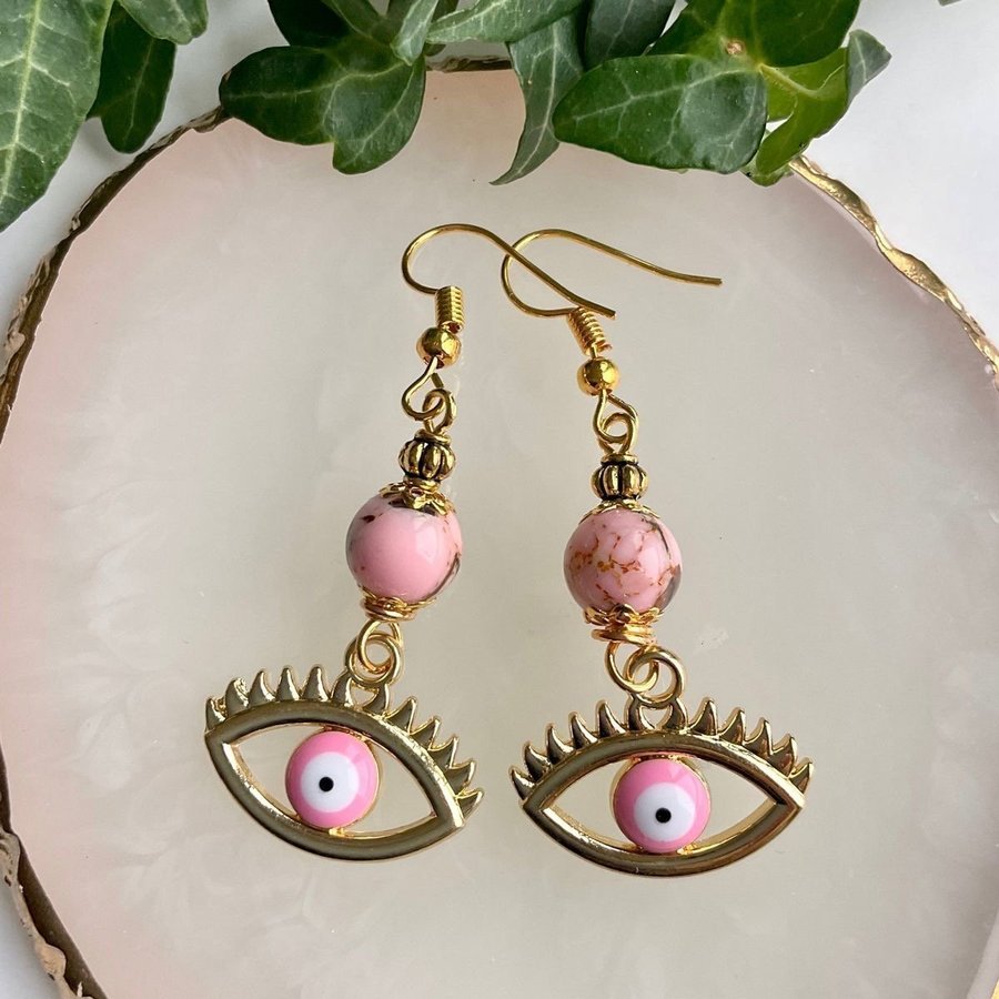 Örhängen Rosa stenpärlor med snäckskal Nazar Evil Eye Öga Lyckosymbol Handgjort