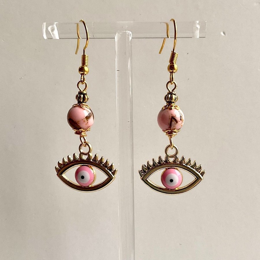 Örhängen Rosa stenpärlor med snäckskal Nazar Evil Eye Öga Lyckosymbol Handgjort